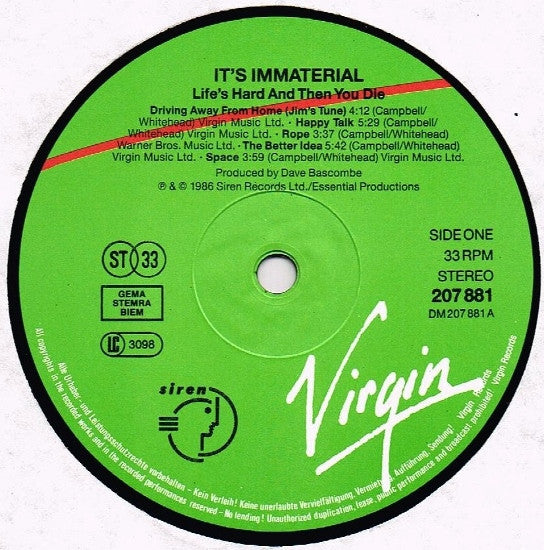 It's Immaterial : Life's Hard And Then You Die (LP, Album)