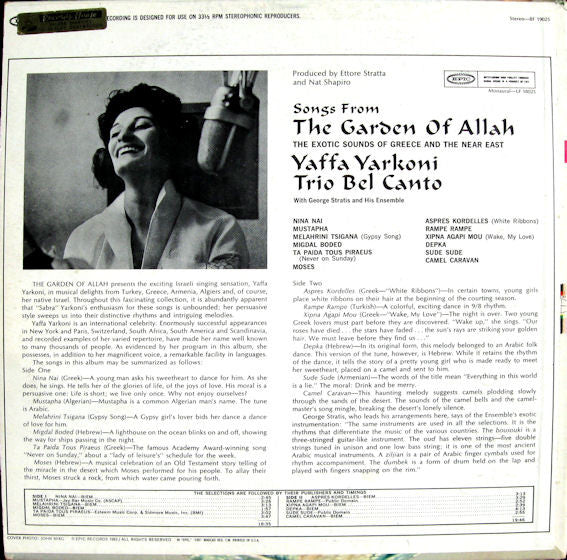 Yaffa Yarkoni, Trio Bel Canto With George Stratis And His Oriental Ensemble : Songs From The Garden Of Allah (The Exotic Sounds Of Greece And The Near East) (LP, Album)