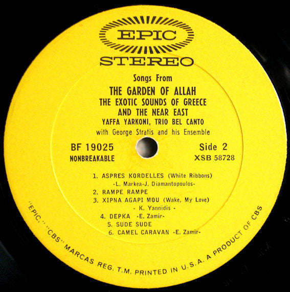 Yaffa Yarkoni, Trio Bel Canto With George Stratis And His Oriental Ensemble : Songs From The Garden Of Allah (The Exotic Sounds Of Greece And The Near East) (LP, Album)