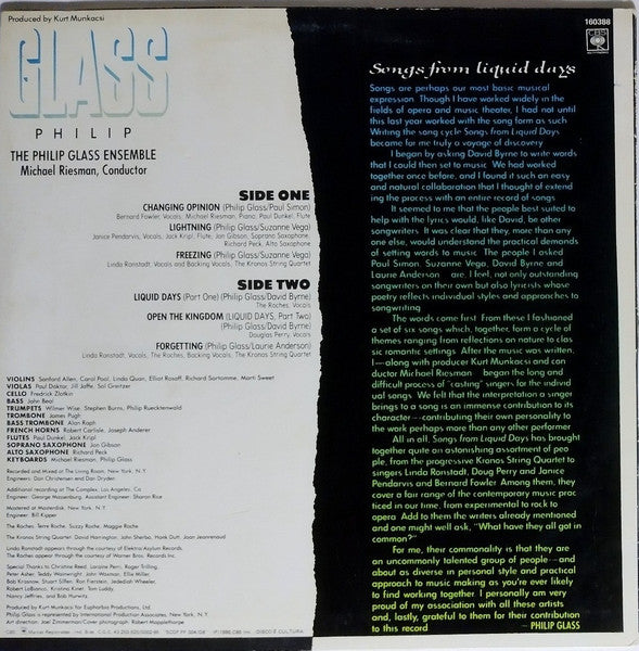 Philip Glass : Songs From Liquid Days (LP, Album)