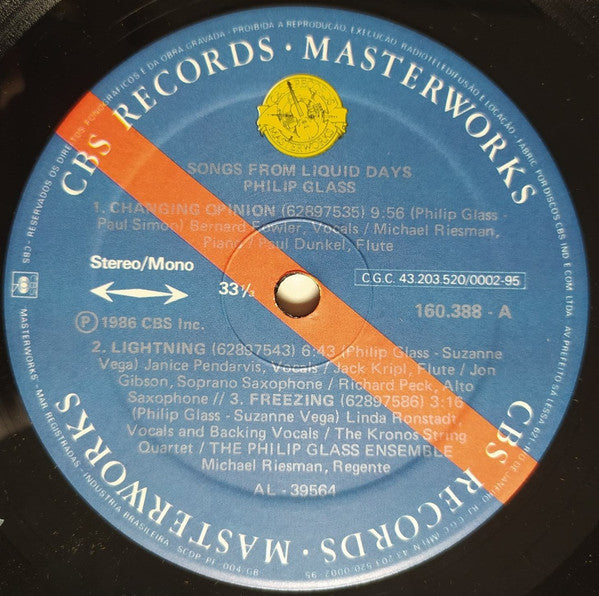 Philip Glass : Songs From Liquid Days (LP, Album)