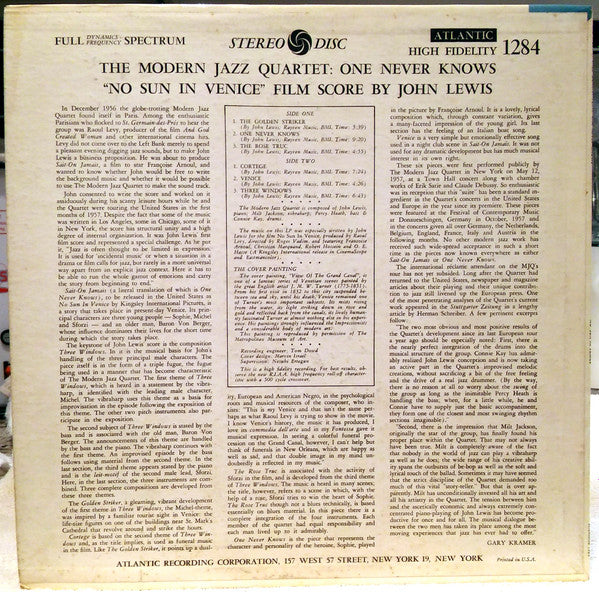 The Modern Jazz Quartet : The Modern Jazz Quartet Plays One Never Knows - Original Film Score For “No Sun In Venice” (LP, Album)
