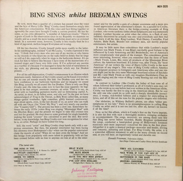 Bing Crosby With Buddy Bregman : Bing Sings Whilst Bregman Swings (LP, Album)