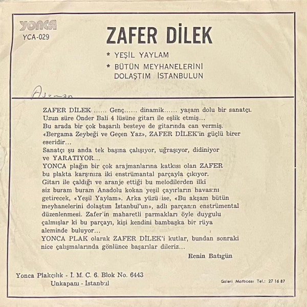 Zafer Dilek : Bütün Meyhanelerini Dolaştım İstanbul'un / Yeşil Yaylam (7", Single)