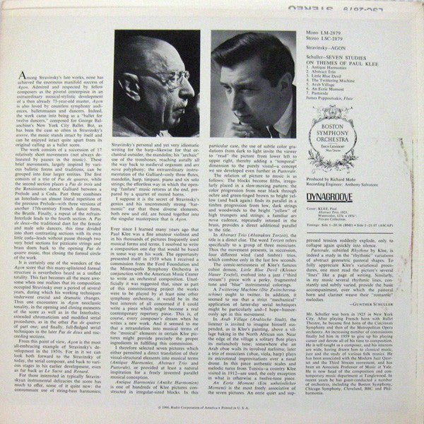 Igor Stravinsky, Gunther Schuller : Boston Symphony Orchestra, Erich Leinsdorf : Agon - 7 Studies On Themes Of Paul Klee (LP, Album, Mono, Dyn)