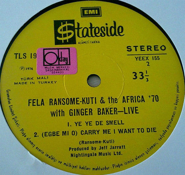 Fela Kuti And Africa 70 With Ginger Baker : Live! (LP, Album)