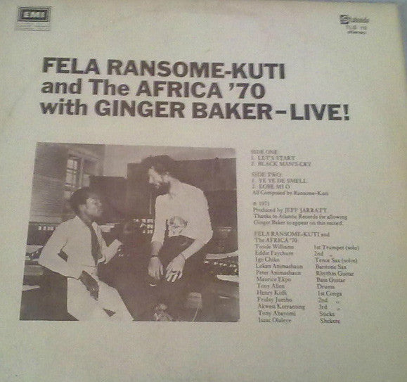 Fela Kuti And Africa 70 With Ginger Baker : Live! (LP, Album)