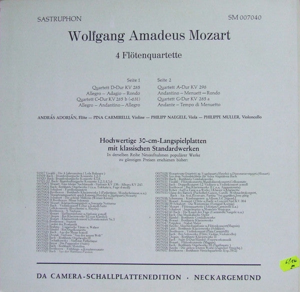 Mozart* / András Adorján, Pina Carmirelli, Philipp Naegele, Philippe Muller : 4 Flötenquartette (LP)
