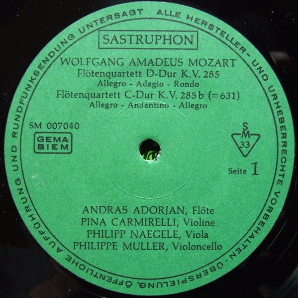 Mozart* / András Adorján, Pina Carmirelli, Philipp Naegele, Philippe Muller : 4 Flötenquartette (LP)
