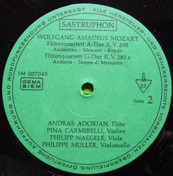 Mozart* / András Adorján, Pina Carmirelli, Philipp Naegele, Philippe Muller : 4 Flötenquartette (LP)