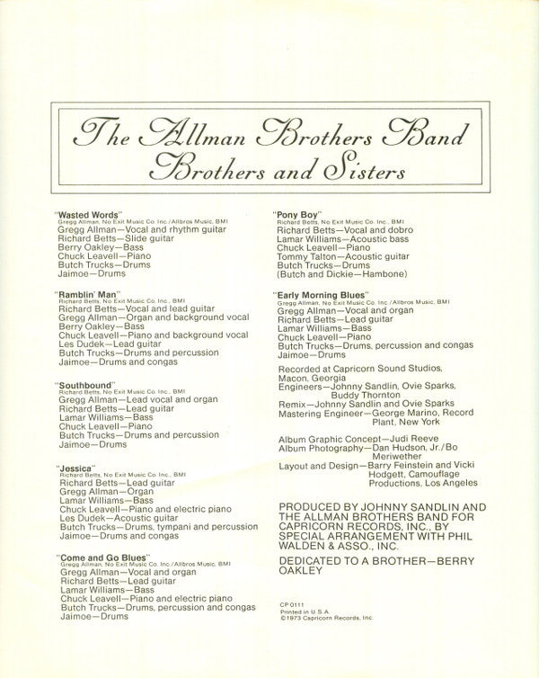 The Allman Brothers Band : Brothers And Sisters (LP, Album, Promo, Gat)