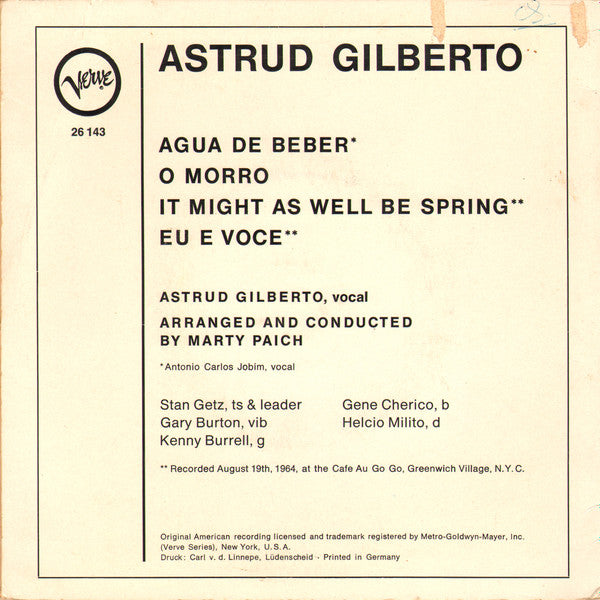 Astrud Gilberto : Agua De Beber (7", EP, Mono)