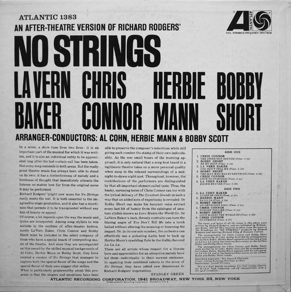 LaVern Baker / Chris Connor / Herbie Mann / Bobby Short : Richard Rodgers' No Strings. An After-Theatre Version (LP, Album, Mono)