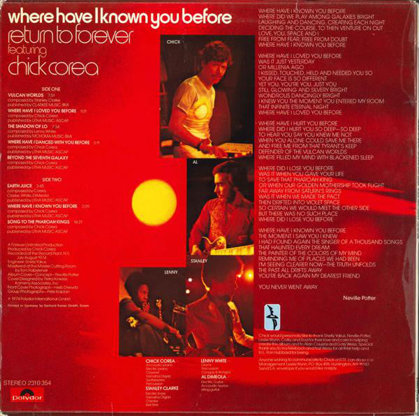 Return To Forever Featuring Chick Corea : Where Have I Known You Before (LP, Album)