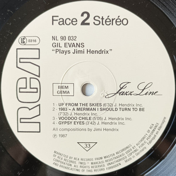 The Gil Evans Orchestra* : Plays The Music Of Jimi Hendrix (LP, Album, RE)