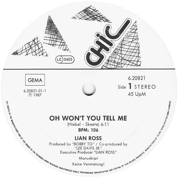 Lian Ross : Oh Won't You Tell Me (12", Maxi)