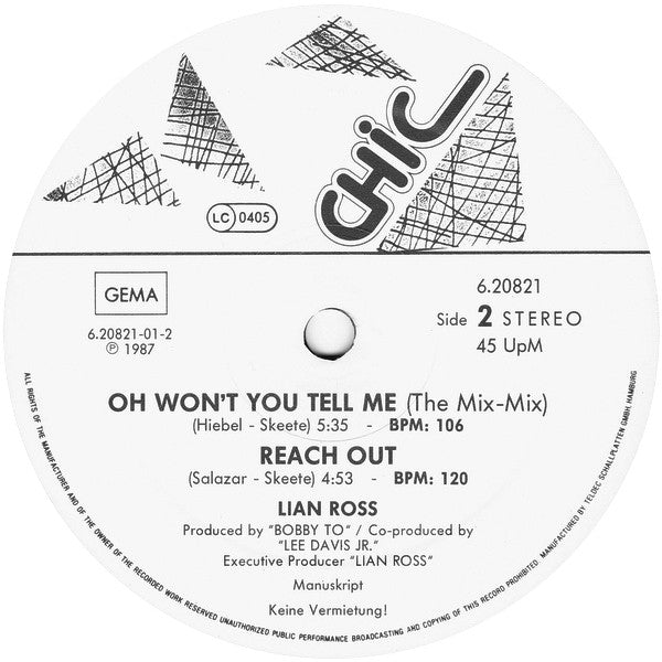Lian Ross : Oh Won't You Tell Me (12", Maxi)