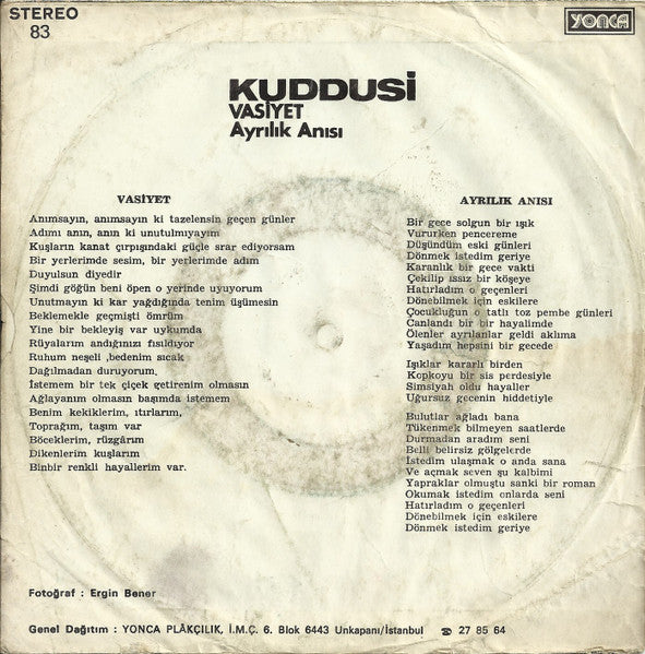 Kuddusi : Vasiyet - Ayrılık Anısı (7", Single)