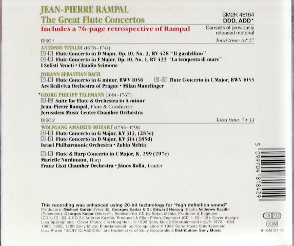 Jean-Pierre Rampal – Johann Sebastian Bach, Wolfgang Amadeus Mozart, Georg Philipp Telemann, Antonio Vivaldi : The Great Flute Concertos (2xCD, Comp)