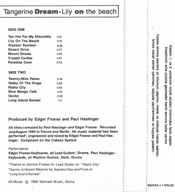 Tangerine Dream : Lily On The Beach (Cass, Album)