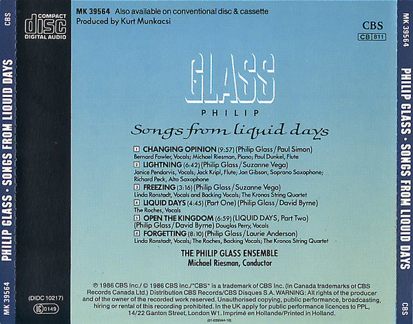 Philip Glass : Songs From Liquid Days (CD, Album)