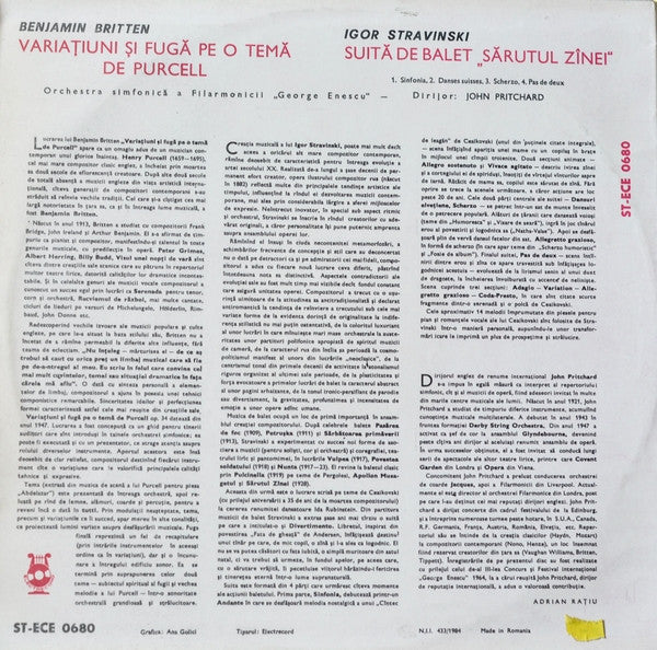 Benjamin Britten / Igor Stravinsky - Orchestra Simfonică A Filarmonicii De Stat "George Enescu" Dirijor: John Pritchard : Variațiuni Și Fugă Pe O Temă De Purcell / Suită De Balet „Sărutul Zînei” (LP, RE)