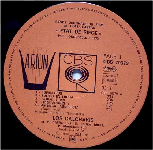 Mikis Theodorakis, Los Calchakis : Bande Originale Du Film "Etat De Siege" (LP, Album, Gat)