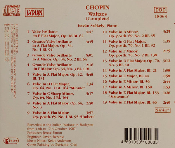 Frédéric Chopin, Istvan Szekely : Waltzes (Complete) (CD, Album)