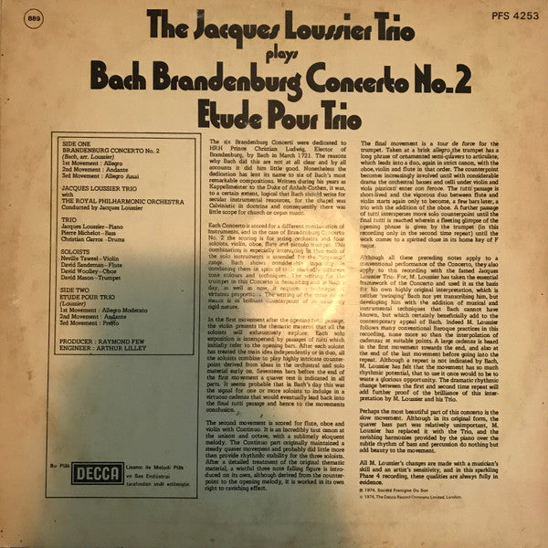 Jacques Loussier Trio : Plays Bach Brandenburg Concerto No.2 - Etude Pour Trio (LP, Album)