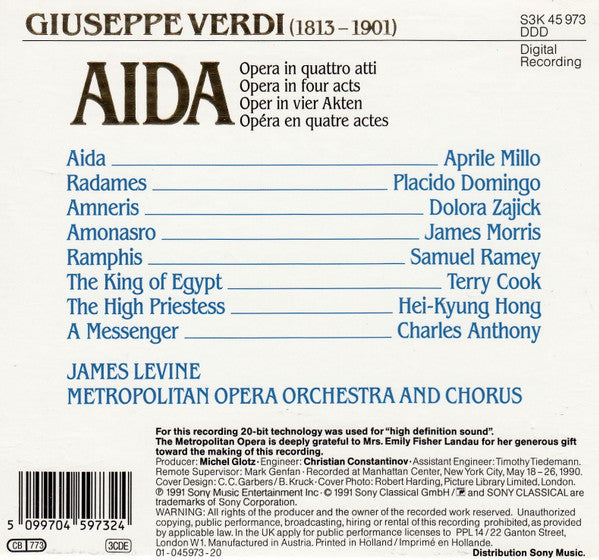 Giuseppe Verdi - Aprile Millo, Placido Domingo, Dolora Zajick, James Morris (5), Samuel Ramey, The Metropolitan Opera House Orchestra And Metropolitan Opera Chorus, James Levine (2) : Aida (3xCD, Album + Box)